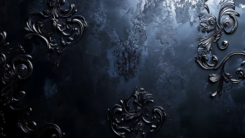Dark decorative baroque swirls on textured black wall.