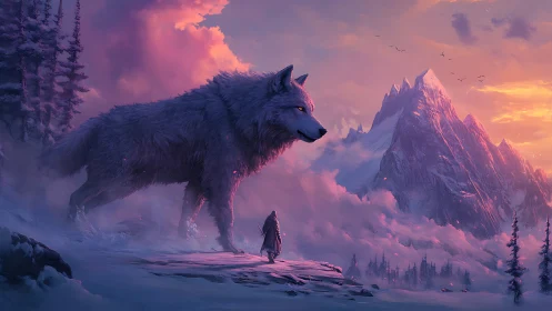 Large wolf and cloaked figure stand in misty alpine terrain