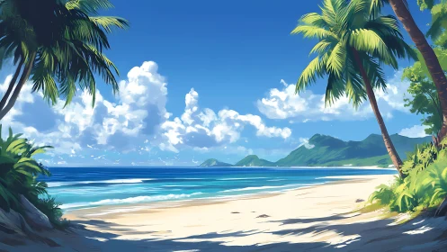 Tropical Beach Landscape with Palm Trees and Island Mountains