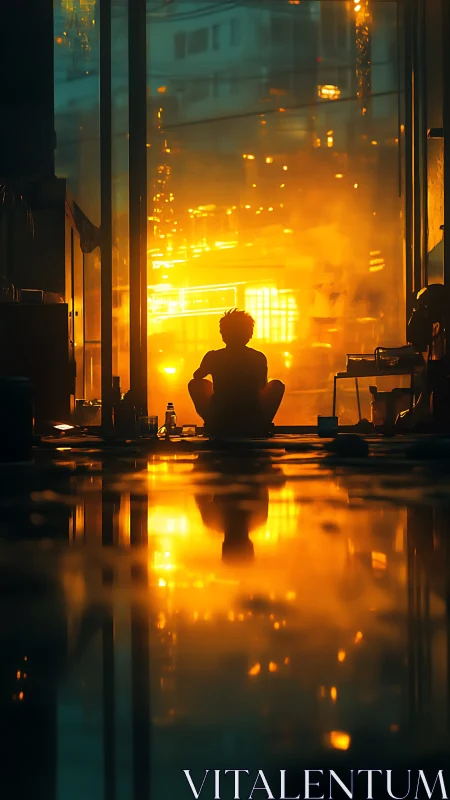 Backlit silhouette in neon-lit interior facing blazing cityscape