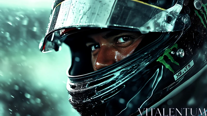 Racing driver’s intense gaze cuts through rain and motion blur