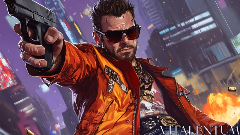 Cyberpunk gunman portrait in dynamic urban perspective painting.