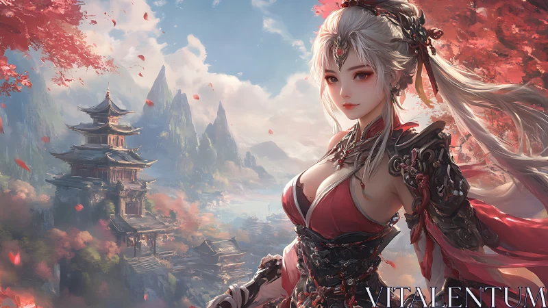 Warrior priestess gazes over misty pagoda valley at dawn.