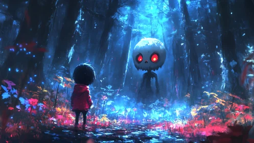 Child in red coat facing glowing-eyed skull figure in forest.