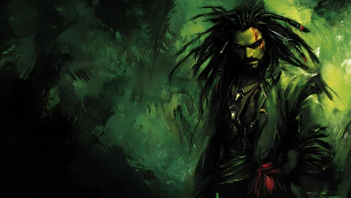 Digital painting of brooding warrior in feral green chiaroscuro.