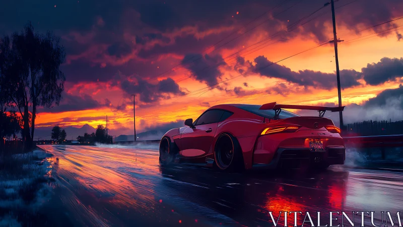 Red sports car on wet highway under vivid sunset sky.