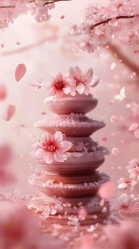 Layered ceramic tower with cascading cherry blossoms in bloom.