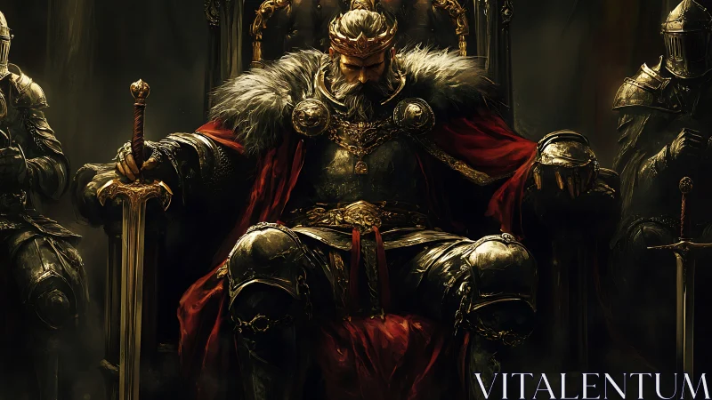 Armored king sits on ornate throne gripping sword tightly