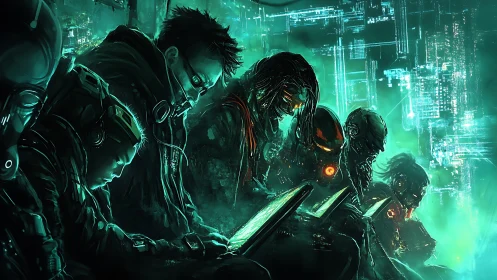 Cyberpunk hackers bend neon networks with augmented focus.