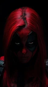 Red haired masked character in dark frontal portrait.