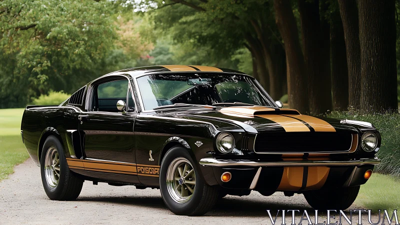 Photorealistic classic muscle car on forest lane, low-angle study.