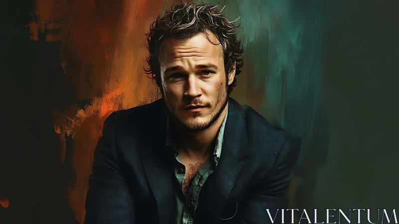 Thoughtful male portrait in dark suit against painted backdrop.