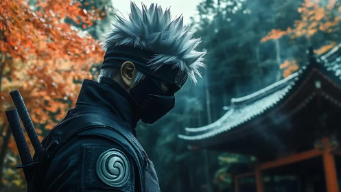 Masked silver-haired ninja stands silent in misty temple grove