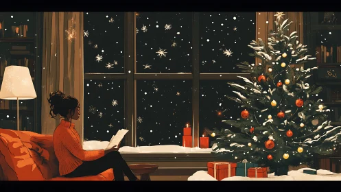 Digital painting of cozy Christmas reading nook interior scene.