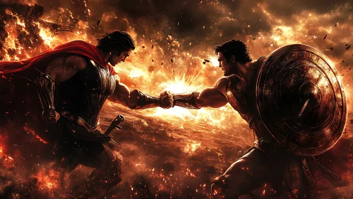 Armored warriors clash fists amid erupting fiery battlefield
