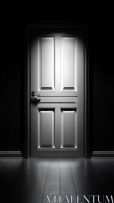Monochrome paneled door in dramatic corridor lighting study.