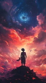 Silhouetted warrior under swirling cosmic sky vortex.