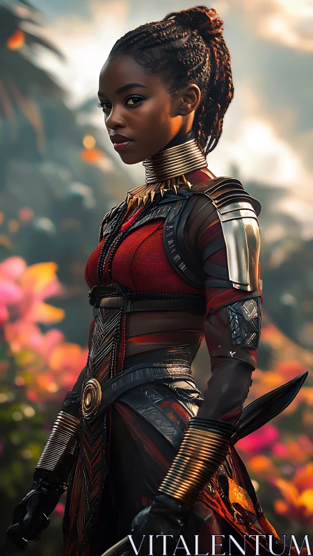 Warrior in bloom: floral-lit guardian in crimson armor.