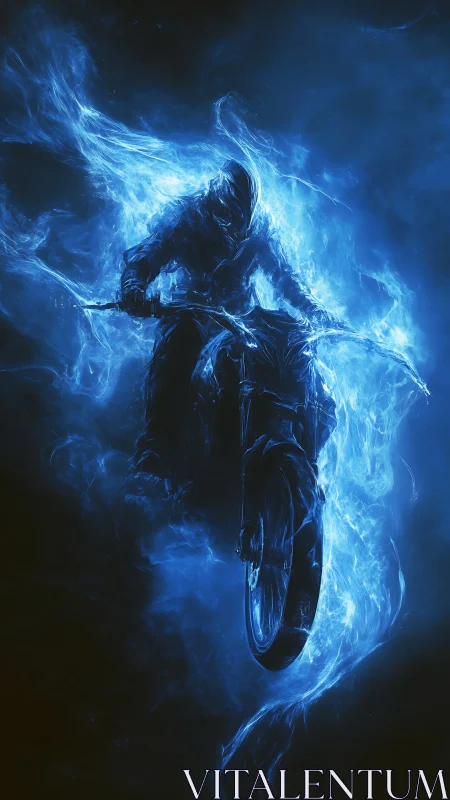 Spectral rider blazing through electric blue inferno night.