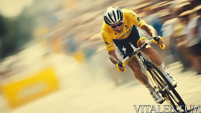 Professional cyclist sprints in yellow jersey with dynamic blur.