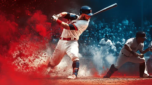 Kinetic baseball swing amid red-blue particulate explosion.