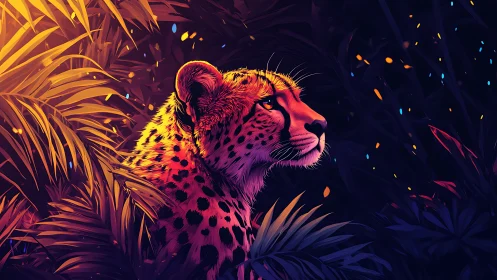 Neon-illuminated cheetah profile against dark tropical foliage backdrop.