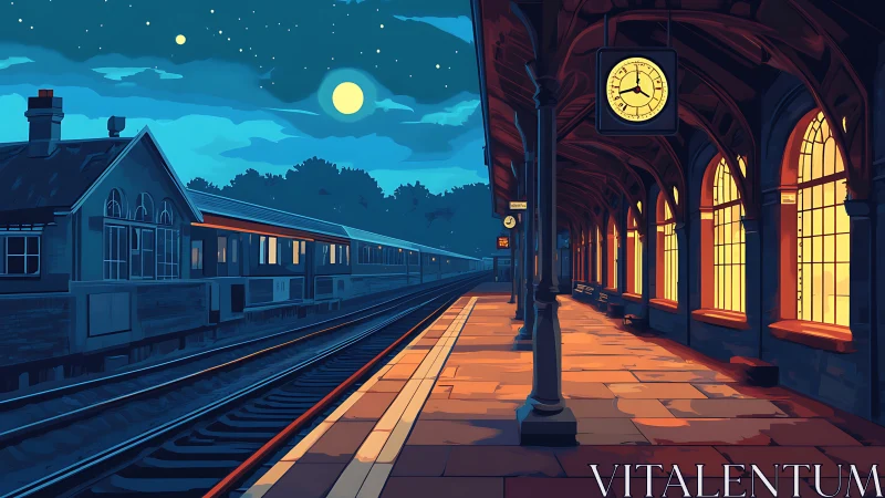 Nocturnal railway platform under warm-cool luminance contrast.