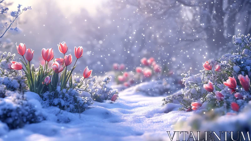 Snow-Covered Landscape with Red Tulips and Blue Foliage