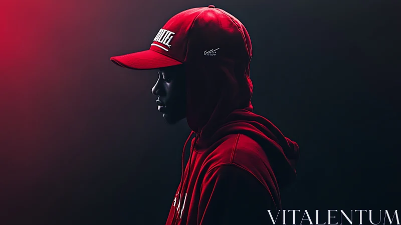 Crimson-hooded silhouette drifting through neon dusk.