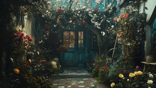 Hidden courtyard doorway framed by lush blooming roses.