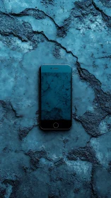 Smartphone centered on textured cyan stone background surface
