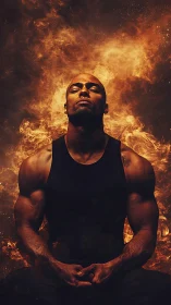 Muscular male figure in black tank, engulfed by stylized flames