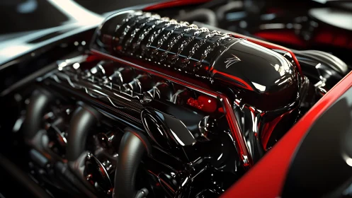 High-performance car engine in glossy red and black, modern style.