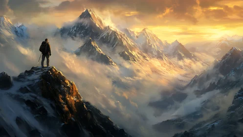 Sunlit mountaineer greets a glowing sea of winter peaks