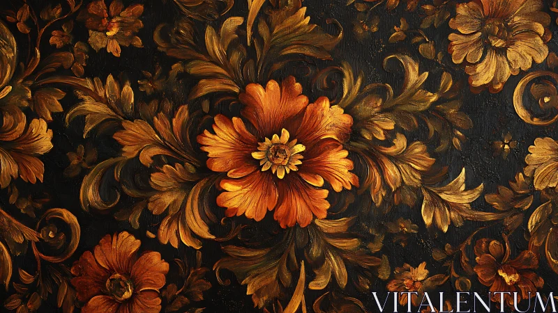 Baroque floral ornament shows glowing orange blossoms on black