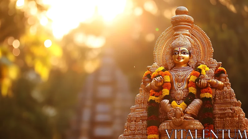 Golden Hindu deity statue glows under warm sunset backlight