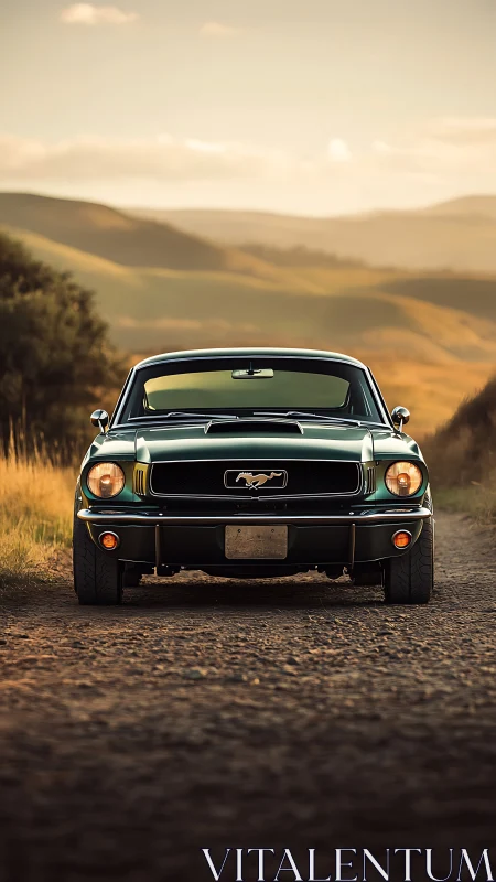 Photorealistic front view classic Mustang on rural dirt road.