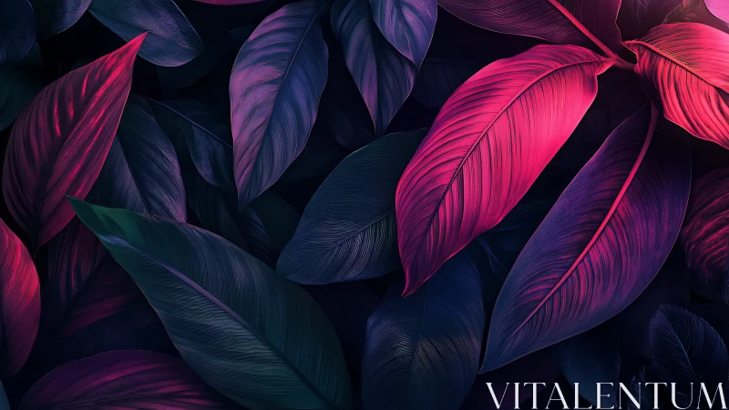 Neon-toned tropical leaves fill the frame in dense close view