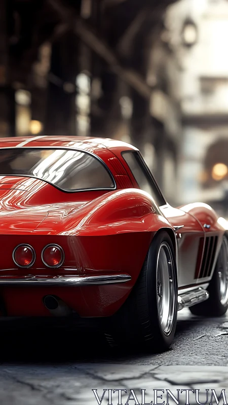 Crimson classic sports car glows warmly on a city street