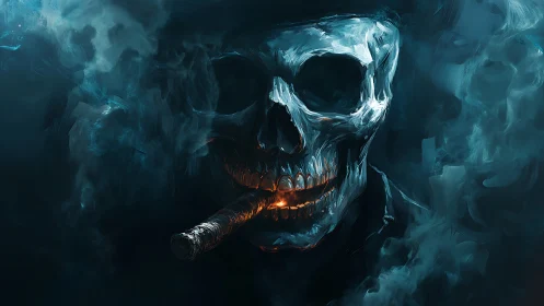 Skull with burning cigar in blue smoke filled digital scene.
