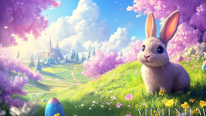 Digital painting of spring rabbit in luminous floral valley.