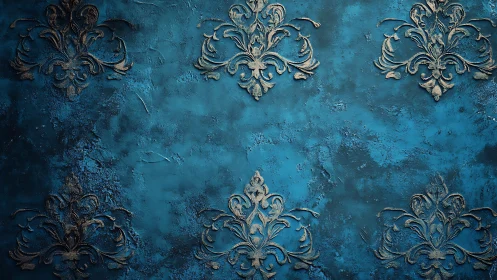Textured blue surface presents repeated relief damask motifs