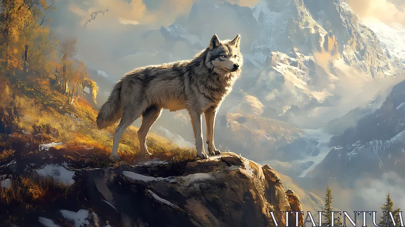 Lone mountain wolf soaking in the golden highland sunrise.