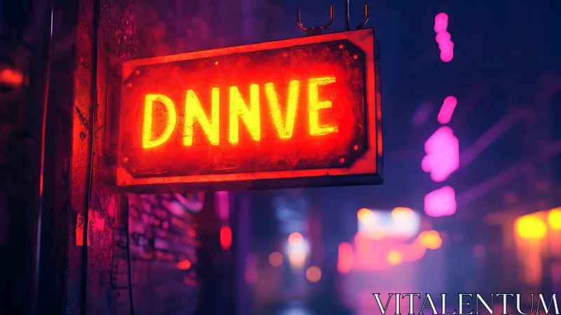 Neon DNNVE sign glowing in a moody urban alley.