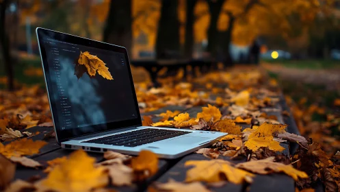 Autumn leaves court a glowing laptop in park-bench hush.