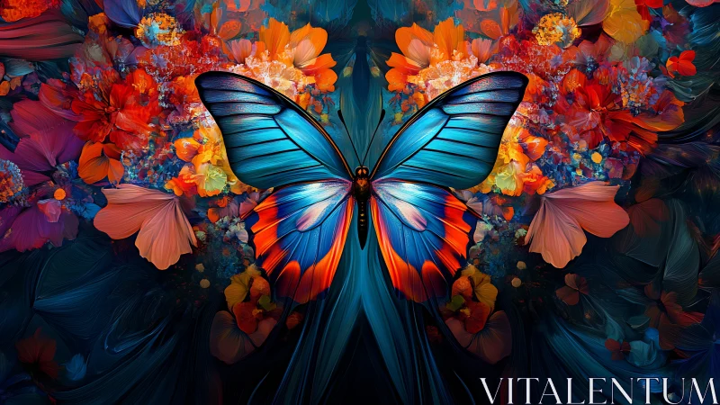 Central blue butterfly over dense abstract floral field.