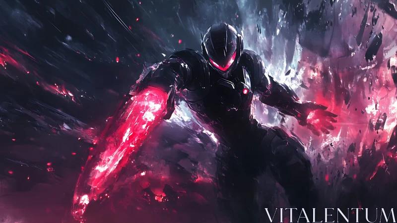 Cybernetic warrior unleashes red energy amid shattered void