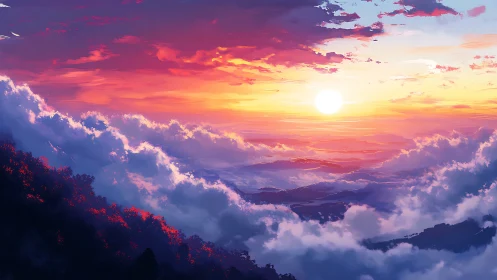 Vibrant digital sunset above layered mountain clouds.