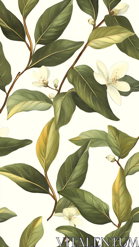 Magnolia branches with layered green leaves on ivory