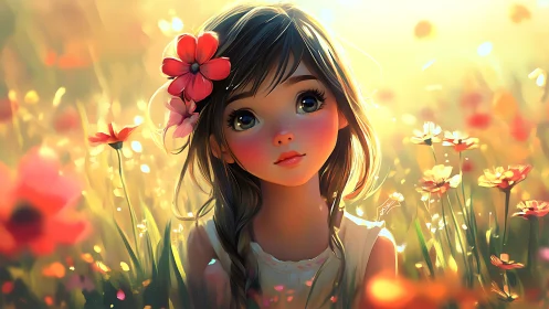 Backlit anime girl amid luminous wildflower bokeh field.